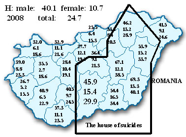 Number of Suicides per 100.000 in Hungary. 2008